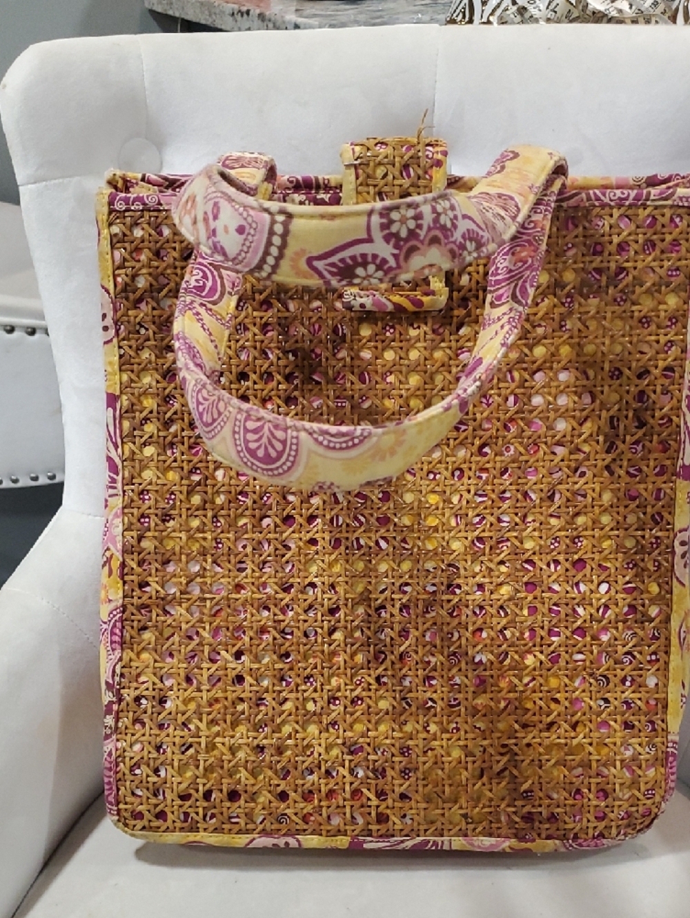 Vera Bradley Woven Rattan Tote with Pink & Yellow Paisley Trim - Picture 9 of 16